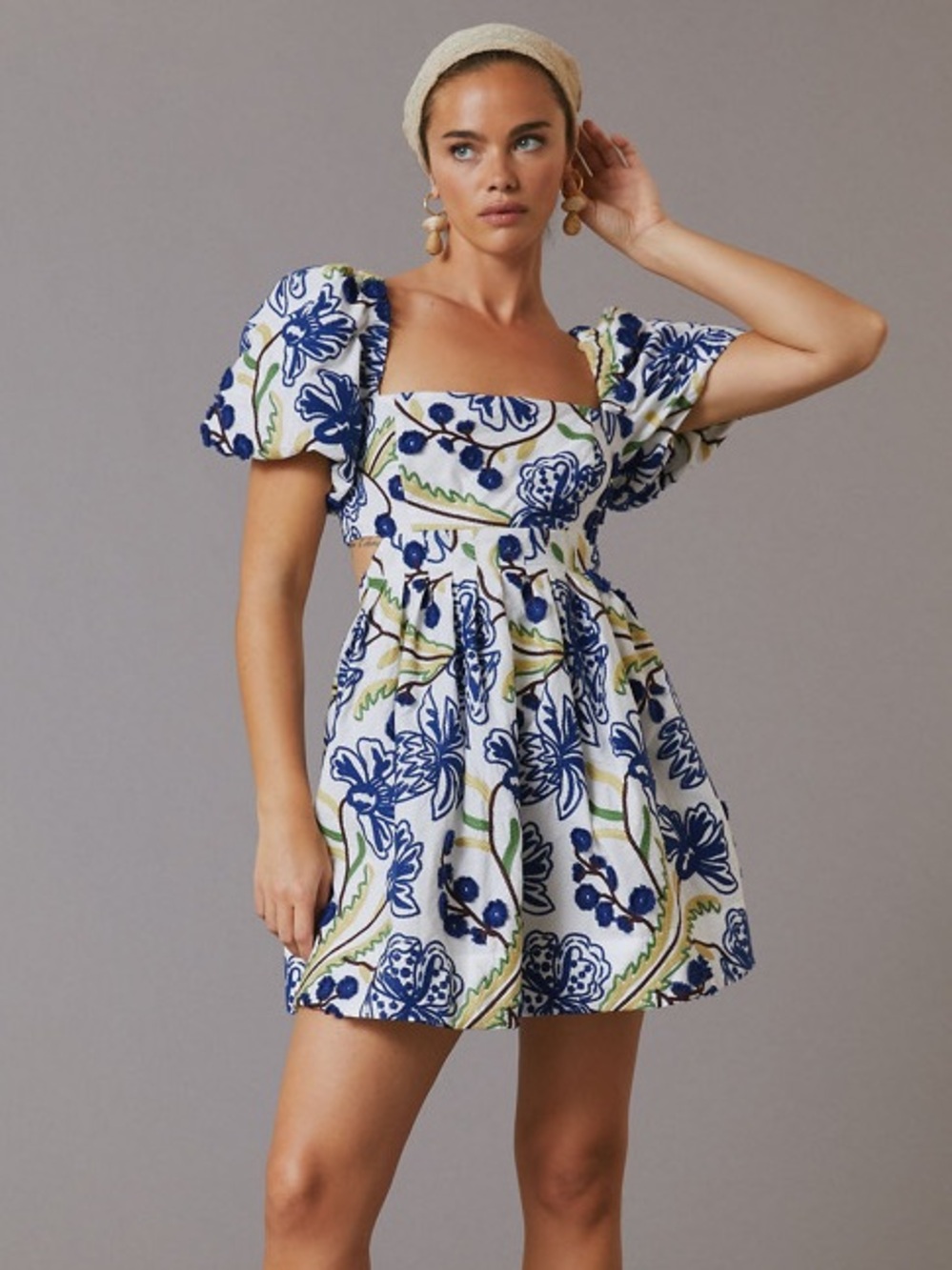 Anthropologie Puff-Sleeve Babydoll Mini Dress Embroidered Floral Medium